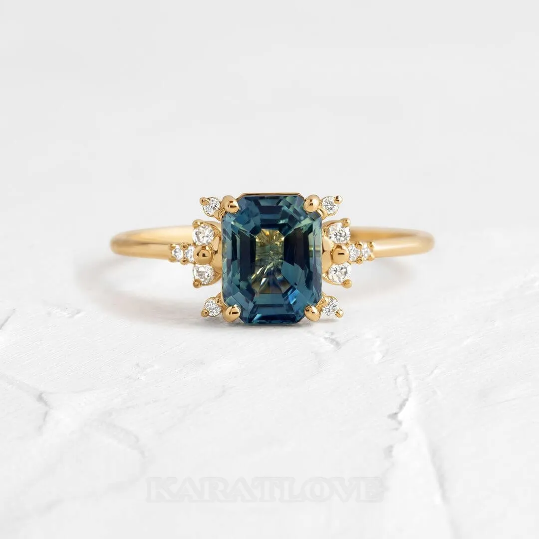 Emerald cut sapphire blue sterling silver yellow gold halo bridal sets