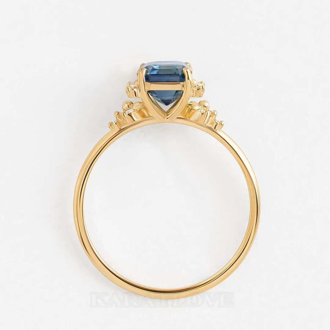 Emerald cut sapphire blue sterling silver yellow gold halo bridal sets