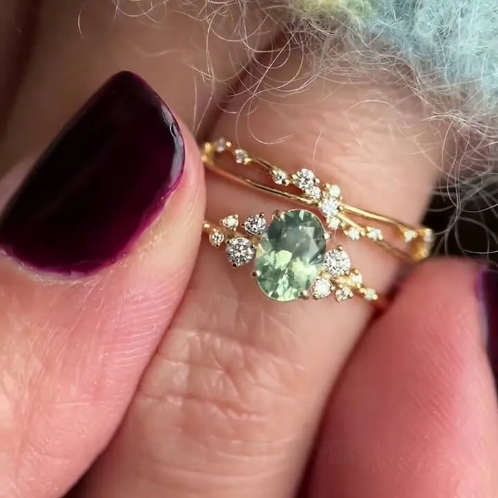 Parure de mariage en argent et or jaune pour péridot vert à taille ovale