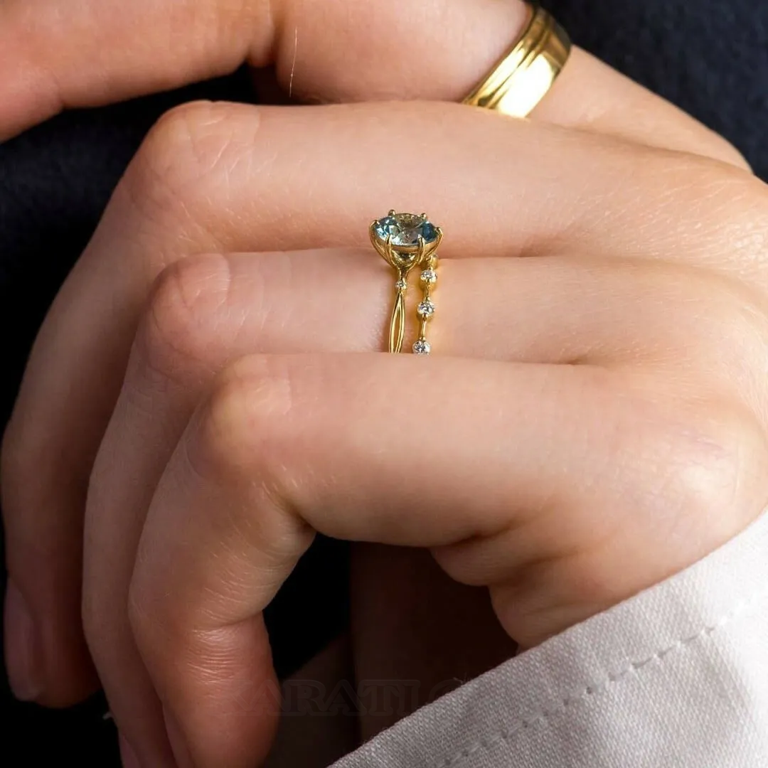 Aigue-marine ronde bleue en argent sterling et or jaune ensemble de mariage