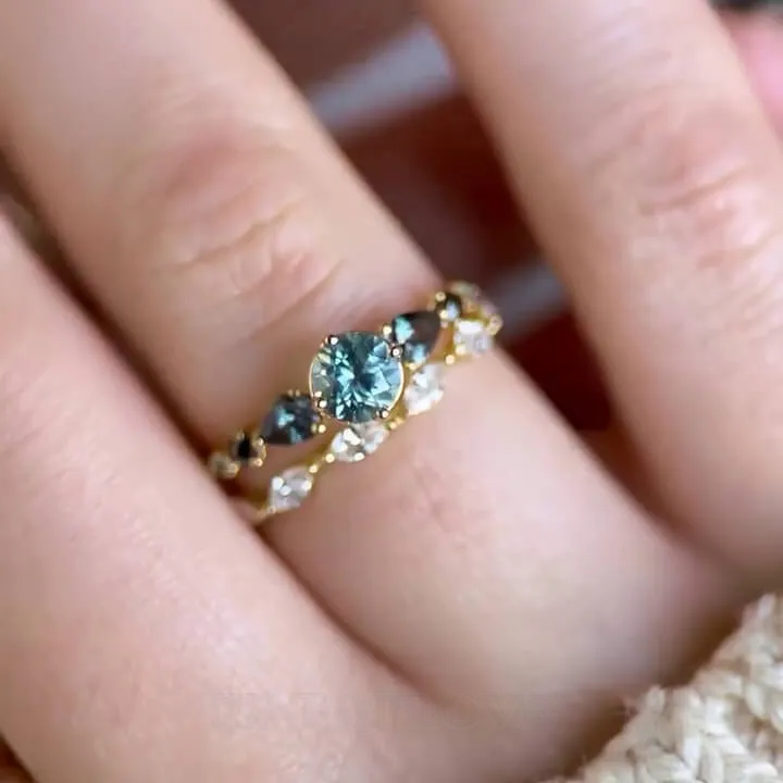 Set de mariage en argent jaune et or pour aigue-marine bleue à taille ronde