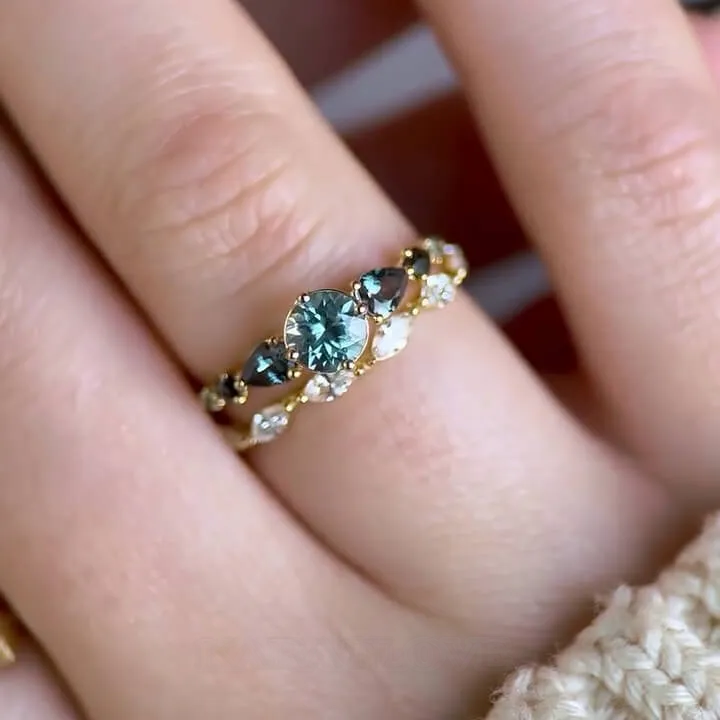 Set de mariage en argent jaune et or pour aigue-marine bleue à taille ronde