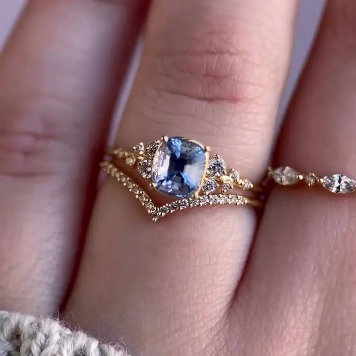 Set de mariage en argent jaune et or pour aigue-marine bleue à taille coussin