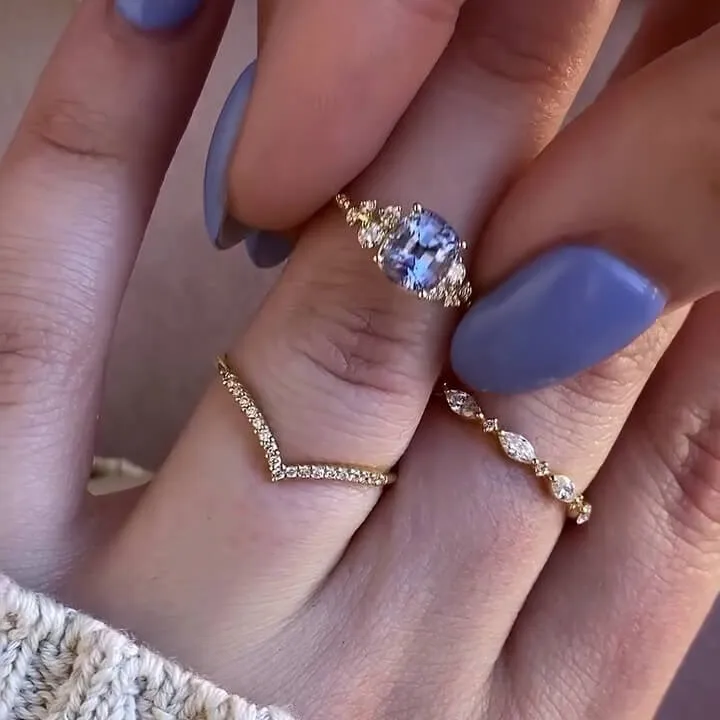 Set de mariage en argent jaune et or pour aigue-marine bleue à taille coussin