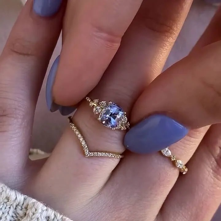 Set de mariage en argent jaune et or pour aigue-marine bleue à taille coussin