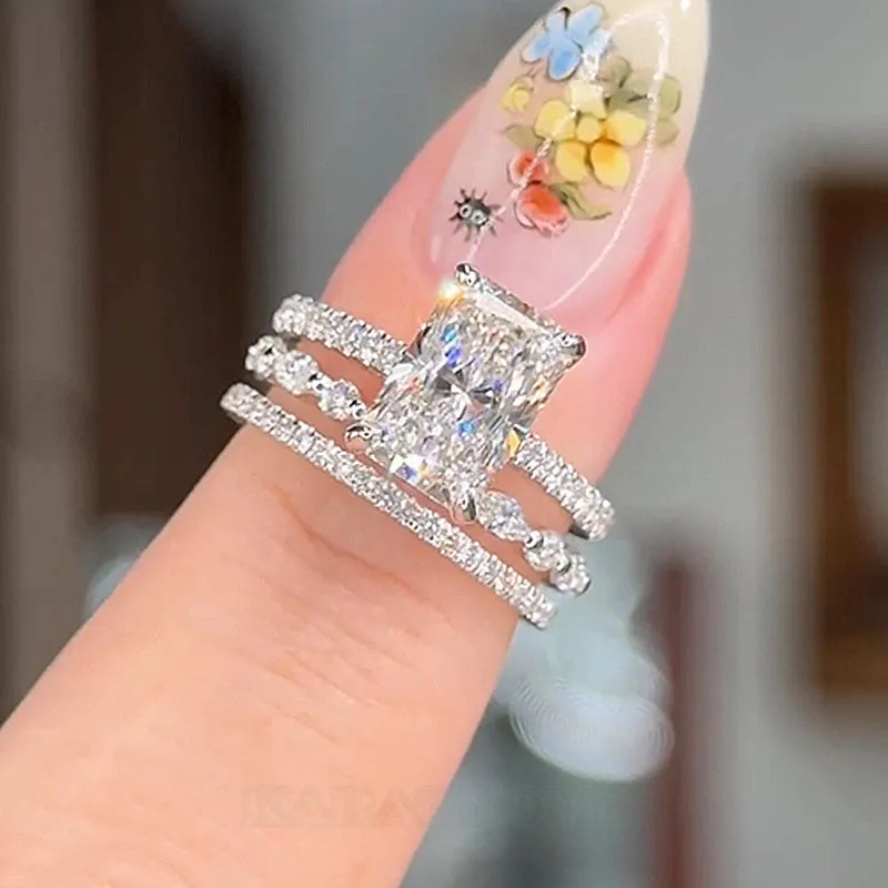 Anneau de mariage 3 pièces en argent sterling blanc avec diamant radiant disponible en 3 couleurs