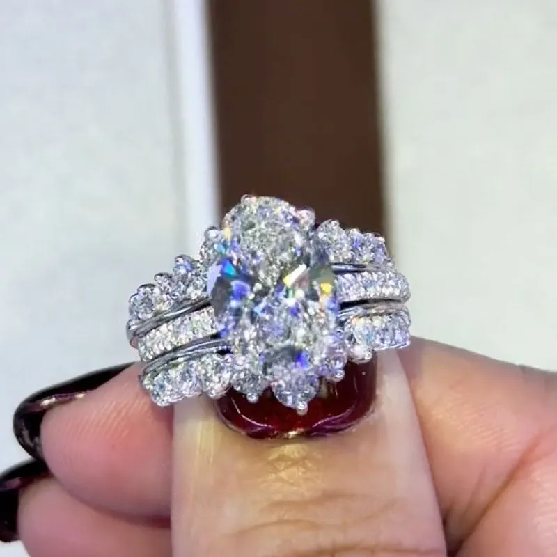 Alliance de mariage en argent sterling blanc avec diamant ovale