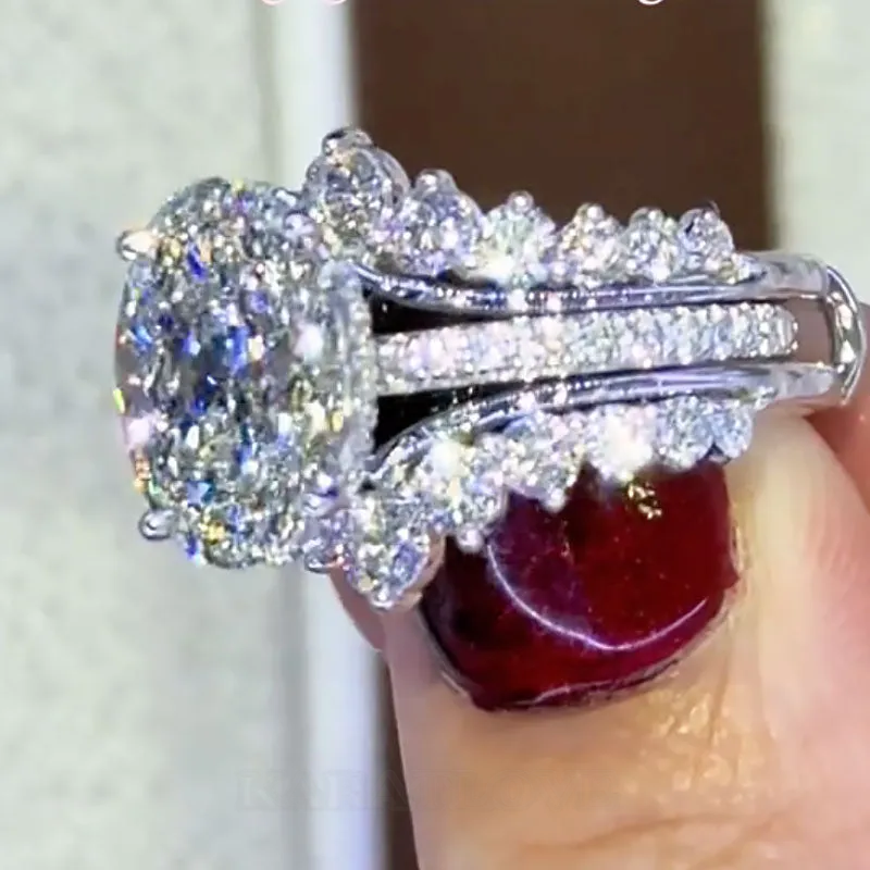 Alliance de mariage en argent sterling blanc avec diamant ovale