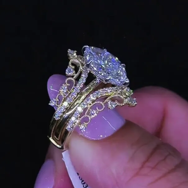 Alliance de mariage en argent sterling sertie d'un diamant taille marquise en or jaune blanc