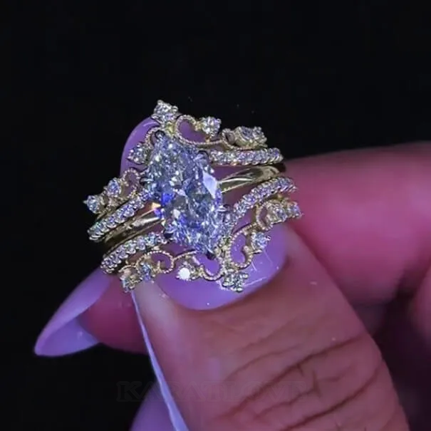 Alliance de mariage en argent sterling sertie d'un diamant taille marquise en or jaune blanc
