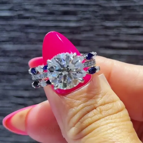 Alliance de mariage en argent sterling sertie d'un diamant rond et d'un saphir bleu blanc