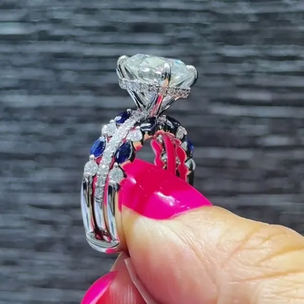 Alliance de mariage en argent sterling sertie d'un diamant rond et d'un saphir bleu blanc