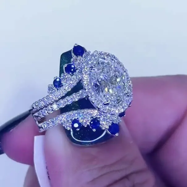 Anneau de mariage en argent sterling serti d'un halo en argent sterling et d'un saphir blanc à taille ovale