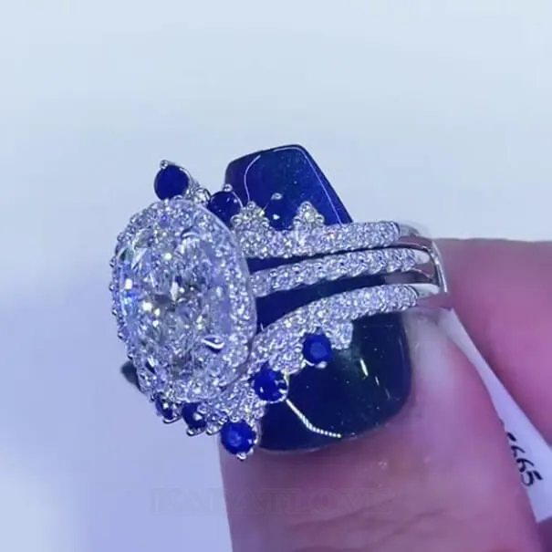 Anneau de mariage en argent sterling serti d'un halo en argent sterling et d'un saphir blanc à taille ovale