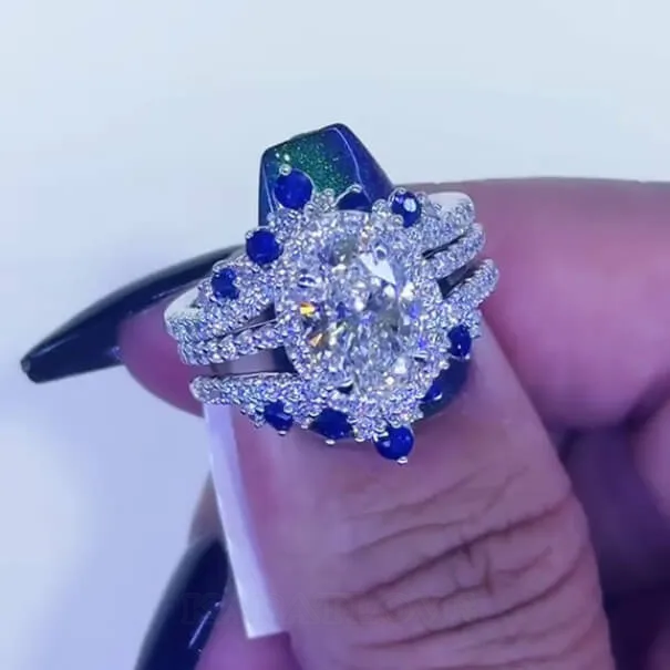 Anneau de mariage en argent sterling serti d'un halo en argent sterling et d'un saphir blanc à taille ovale