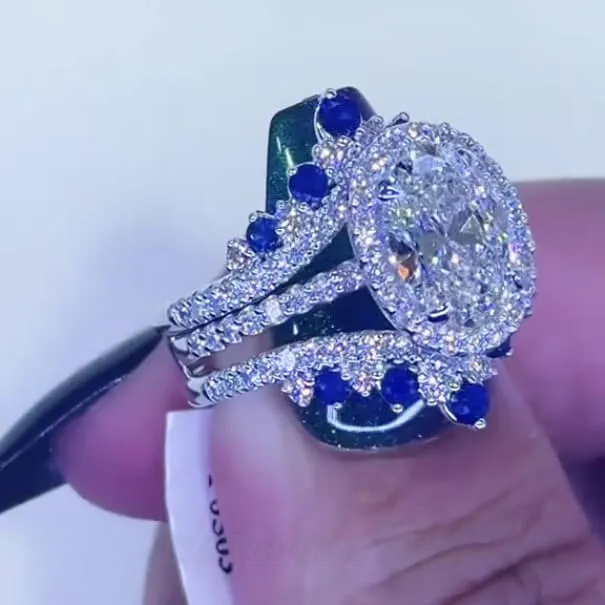 Anneau de mariage en argent sterling serti d'un halo en argent sterling et d'un saphir blanc à taille ovale