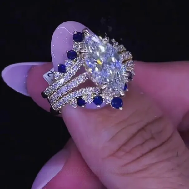 Alliance de mariage en argent sterling sertie de diamants taillés en marquise, saphir blanc, bleu, or jaune