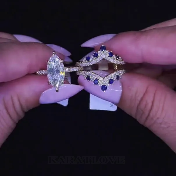 Alliance de mariage en argent sterling sertie de diamants taillés en marquise, saphir blanc, bleu, or jaune