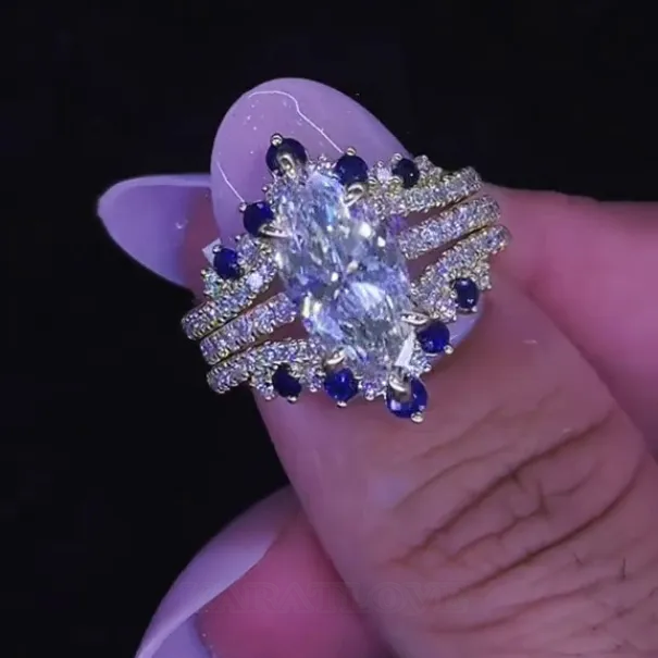 Alliance de mariage en argent sterling sertie de diamants taillés en marquise, saphir blanc, bleu, or jaune