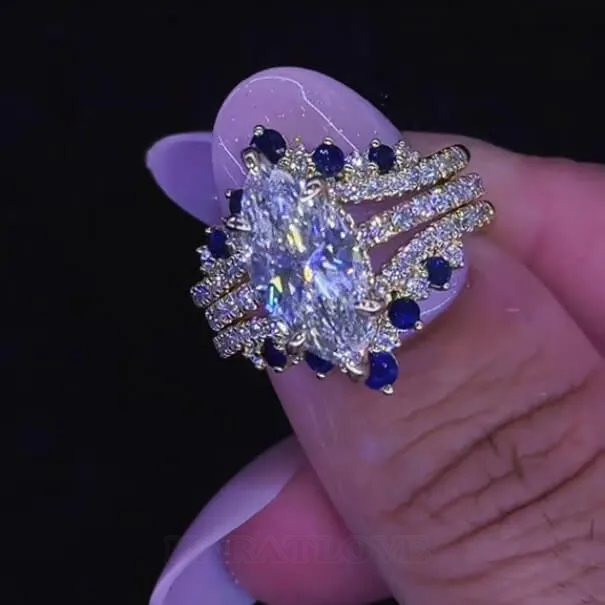 Alliance de mariage en argent sterling sertie de diamants taillés en marquise, saphir blanc, bleu, or jaune