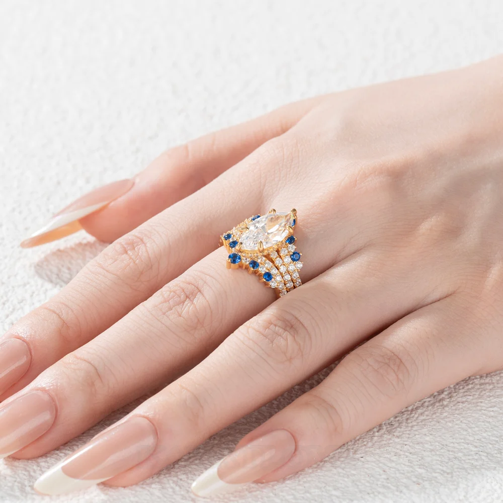Alliance de mariage en argent sterling sertie de diamants taillés en marquise, saphir blanc, bleu, or jaune