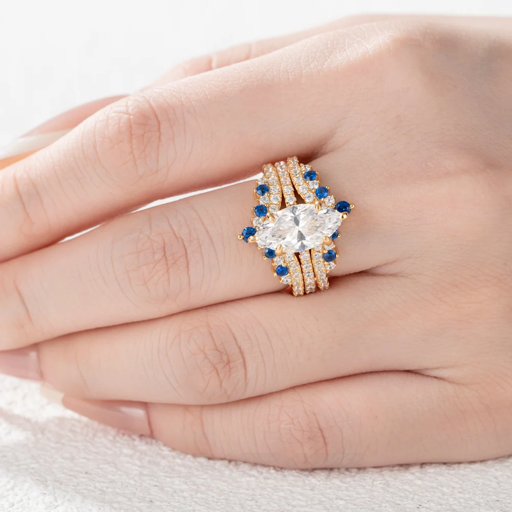 Alliance de mariage en argent sterling sertie de diamants taillés en marquise, saphir blanc, bleu, or jaune