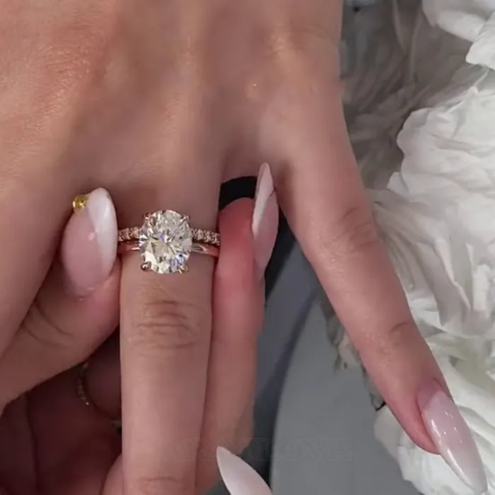 Alliance de mariage à halo caché en argent sterling et or rose blanc 925 et diamant ovale