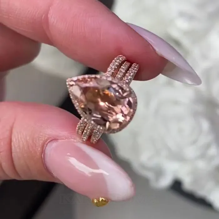 Anneau de mariage en or rose en argent sterling 925 avec insertion d'un halo en champagne taillé en poire
