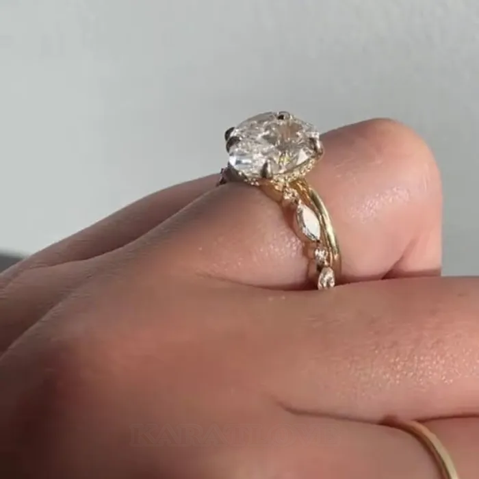 Anneau de mariage art déco en argent sterling 925 et or jaune avec diamant ovale blanc