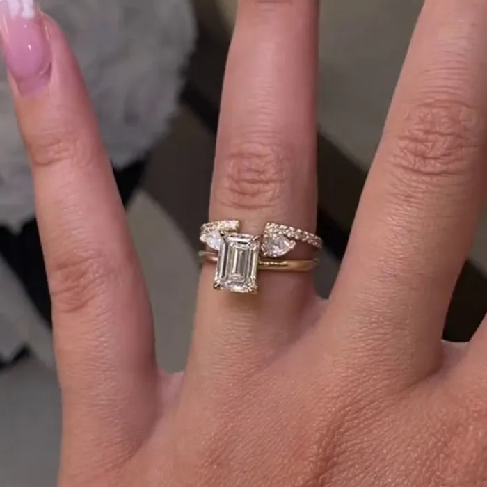 Alliance de mariage art déco en argent sterling 925 et or jaune avec diamant taille émeraude