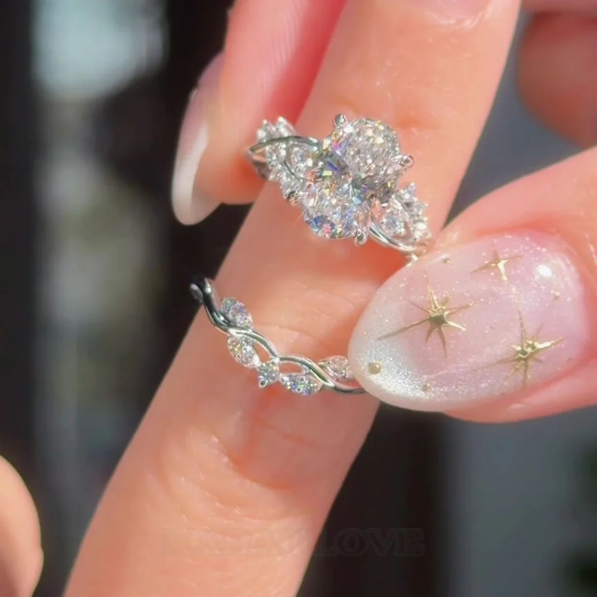 Ensembles de bagues de fiançailles entrelacées en argent sterling blanc et diamant taille ovale