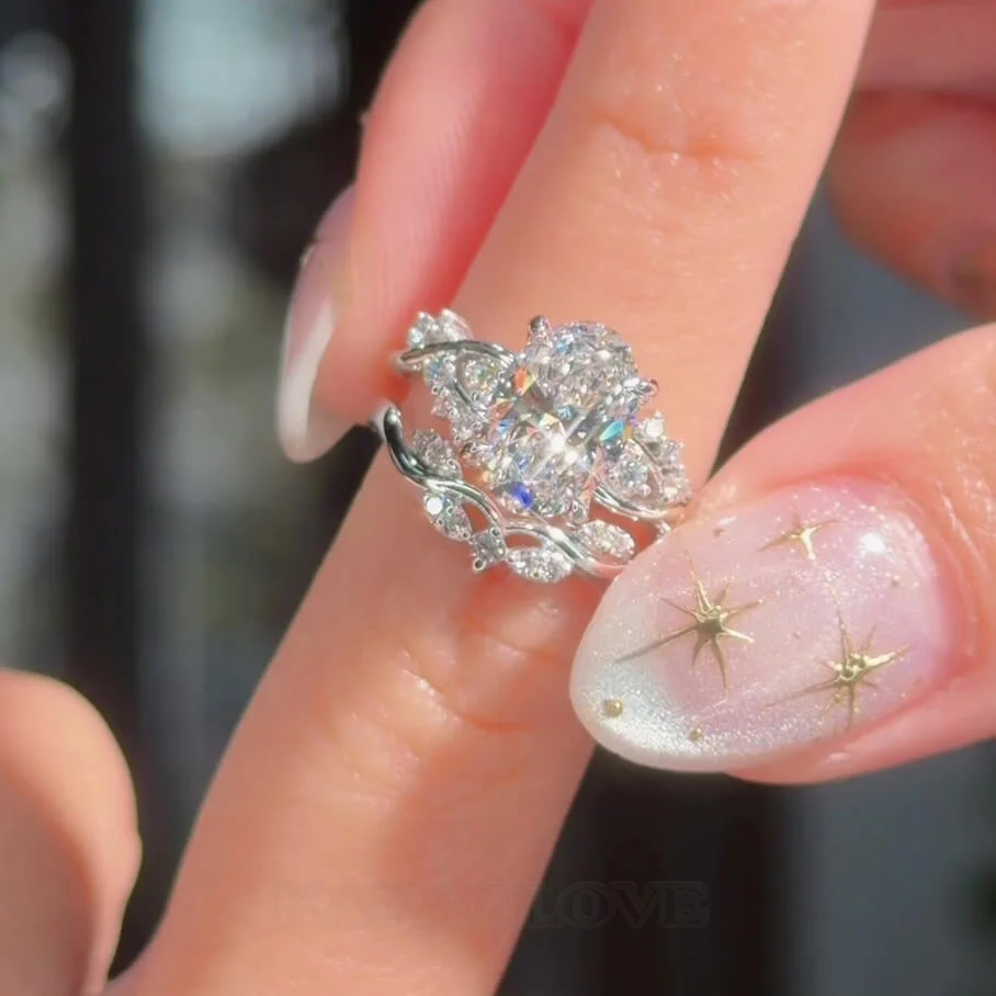 Ensembles de bagues de fiançailles entrelacées en argent sterling blanc et diamant taille ovale