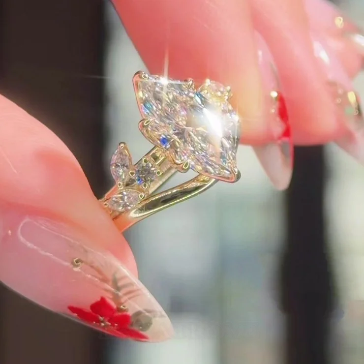 Ensembles de bagues de fiançailles Art déco en argent sterling blanc et or jaune sertis de diamants taille marquise