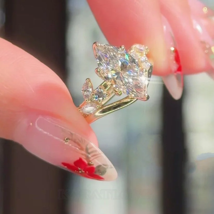 Ensembles de bagues de fiançailles Art déco en argent sterling blanc et or jaune sertis de diamants taille marquise