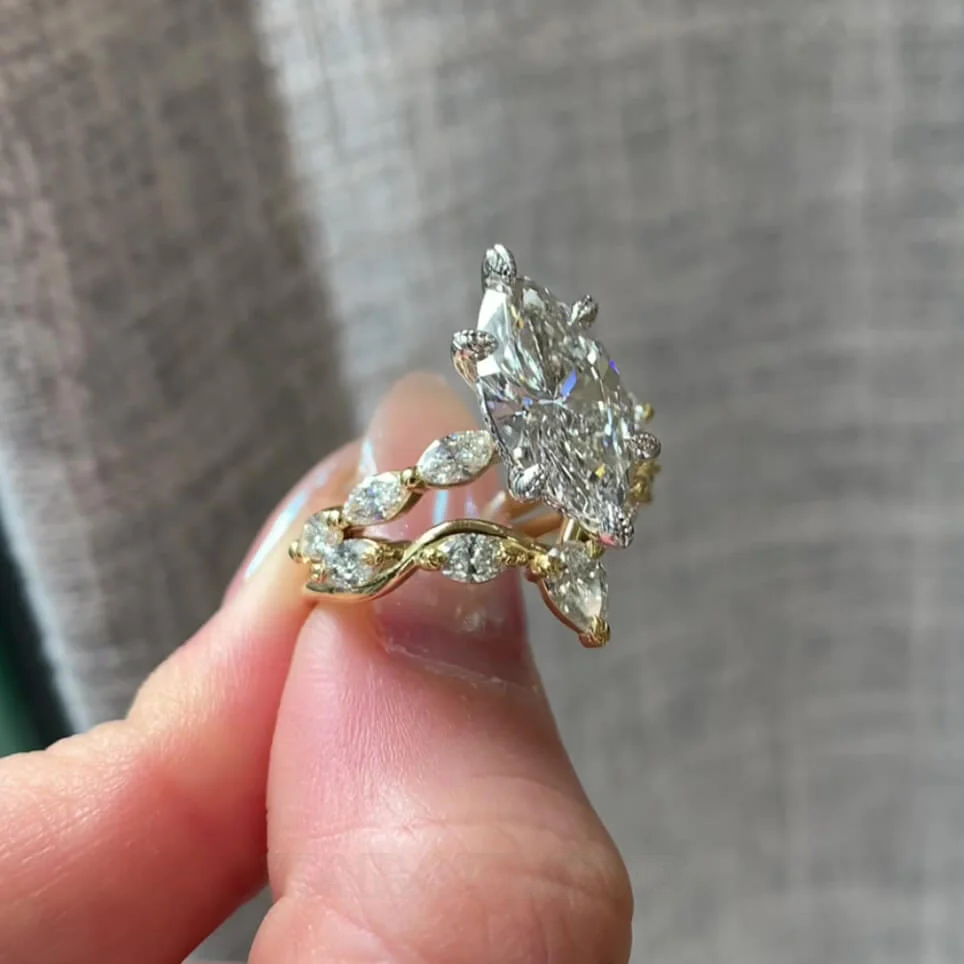 Ensembles de bagues de fiançailles Art déco en argent sterling blanc et or jaune sertis de diamants taille marquise
