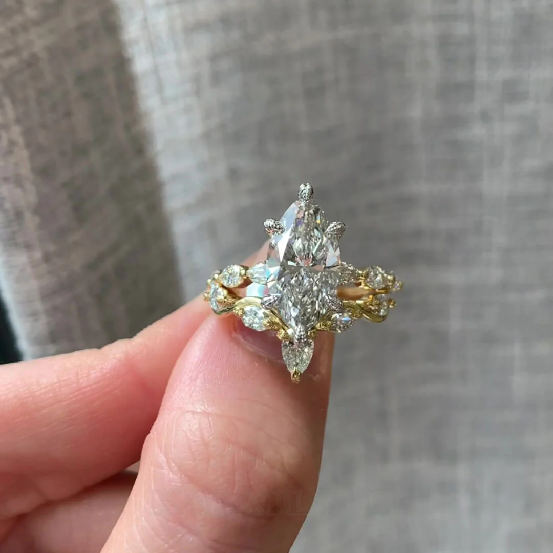 Ensembles de bagues de fiançailles Art déco en argent sterling blanc et or jaune sertis de diamants taille marquise