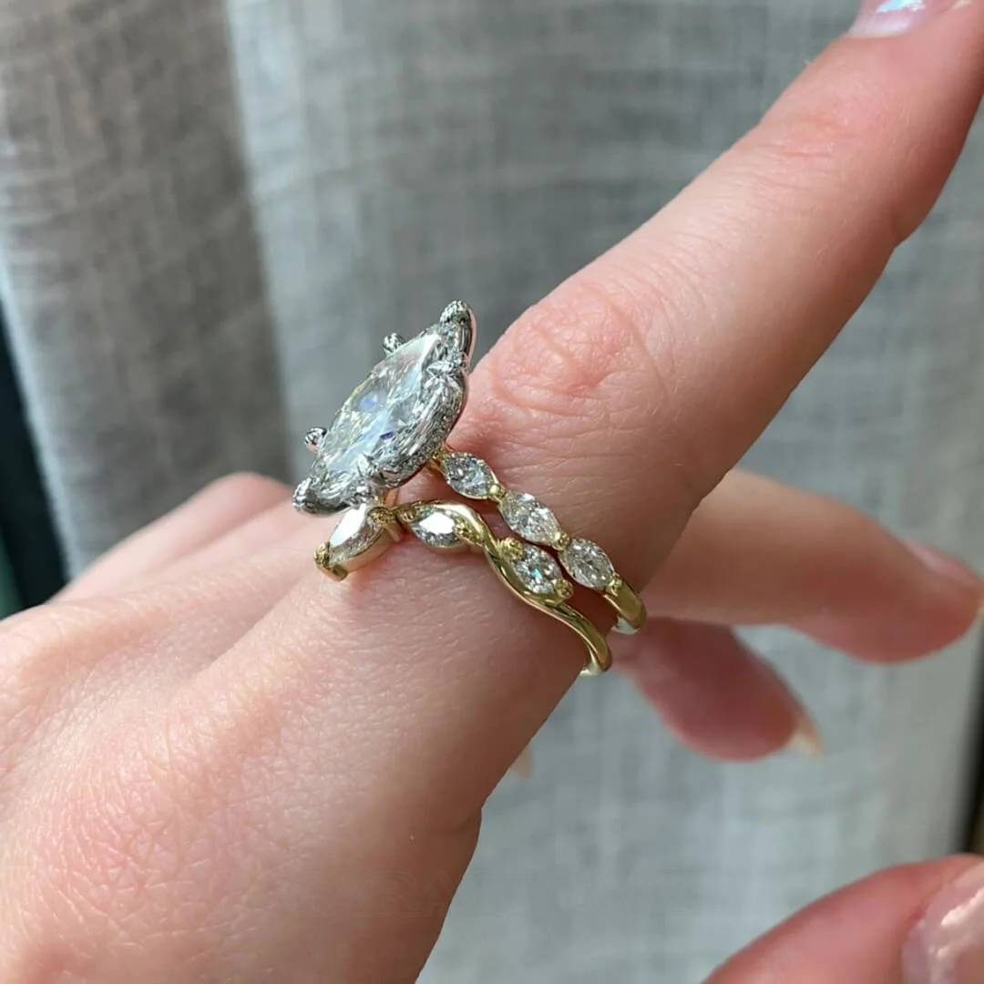 Ensembles de bagues de fiançailles Art déco en argent sterling blanc et or jaune sertis de diamants taille marquise