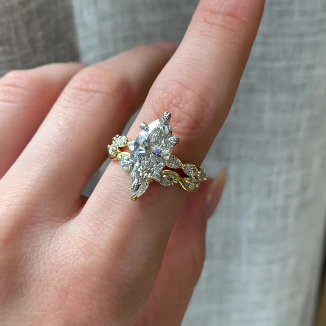 Ensembles de bagues de fiançailles Art déco en argent sterling blanc et or jaune sertis de diamants taille marquise