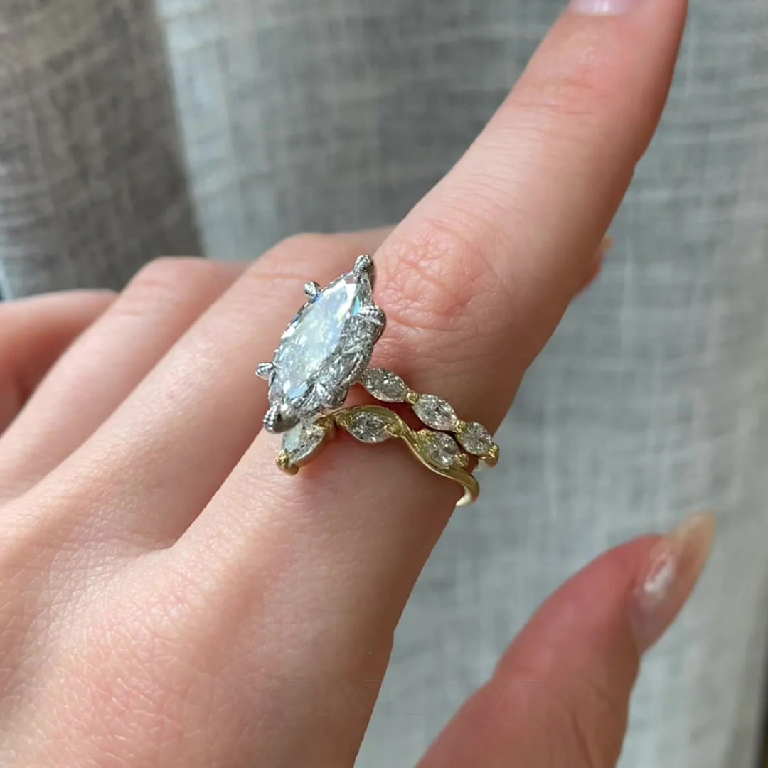 Ensembles de bagues de fiançailles Art déco en argent sterling blanc et or jaune sertis de diamants taille marquise