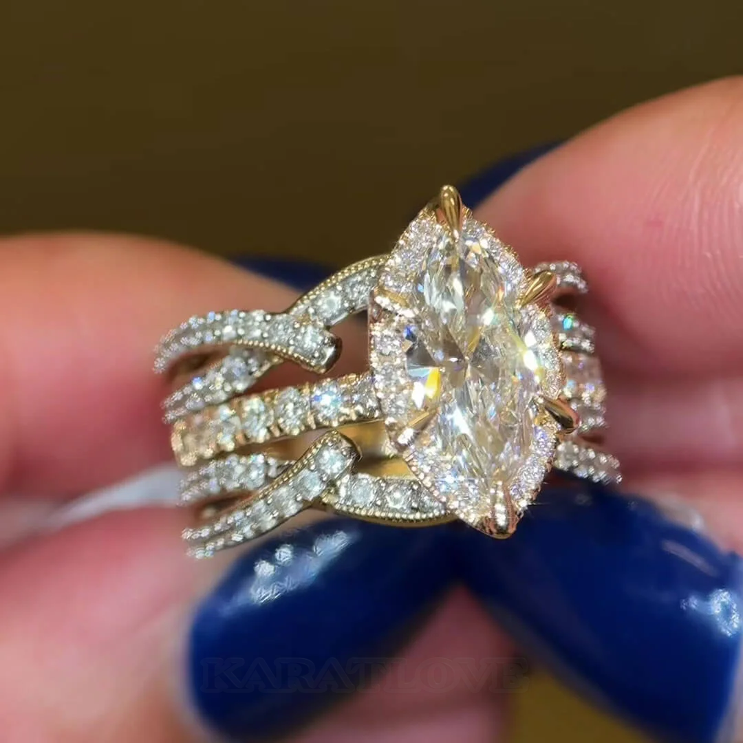 Ensembles de bagues de fiançailles avec diamant taille marquise, argent sterling blanc, or jaune et halo
