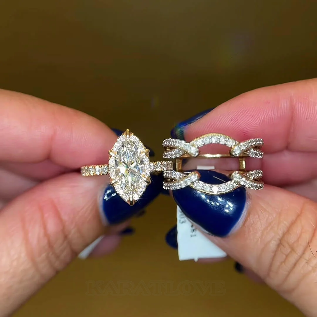 Ensembles de bagues de fiançailles avec diamant taille marquise, argent sterling blanc, or jaune et halo