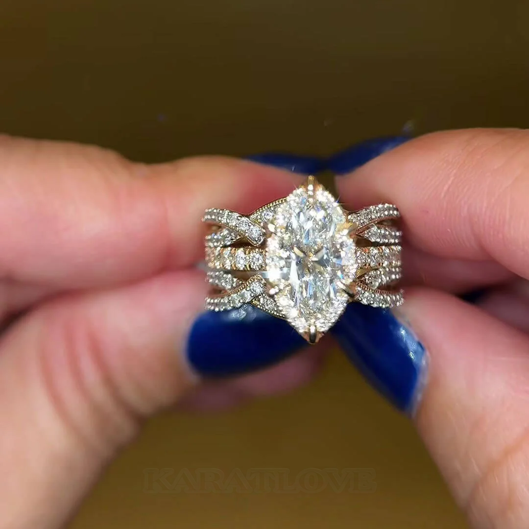Ensembles de bagues de fiançailles avec diamant taille marquise, argent sterling blanc, or jaune et halo