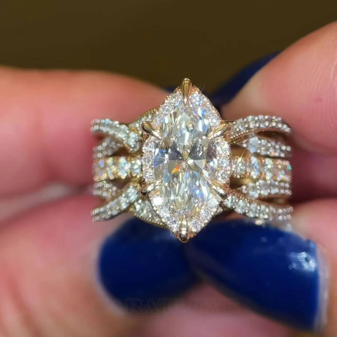 Ensembles de bagues de fiançailles avec diamant taille marquise, argent sterling blanc, or jaune et halo