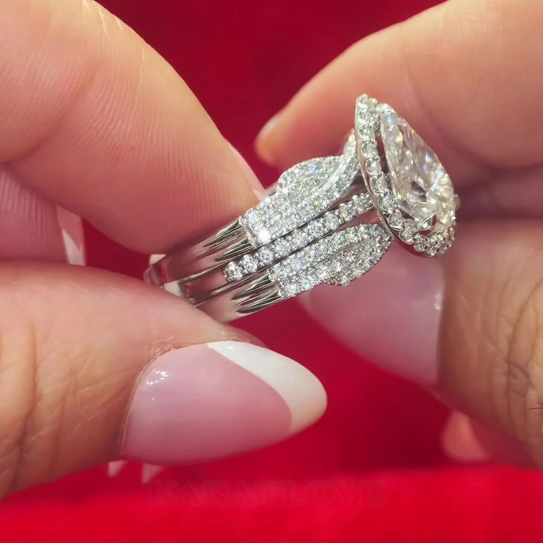 Ensembles de bagues de fiançailles en argent sterling blanc avec diamant taille poire et halo