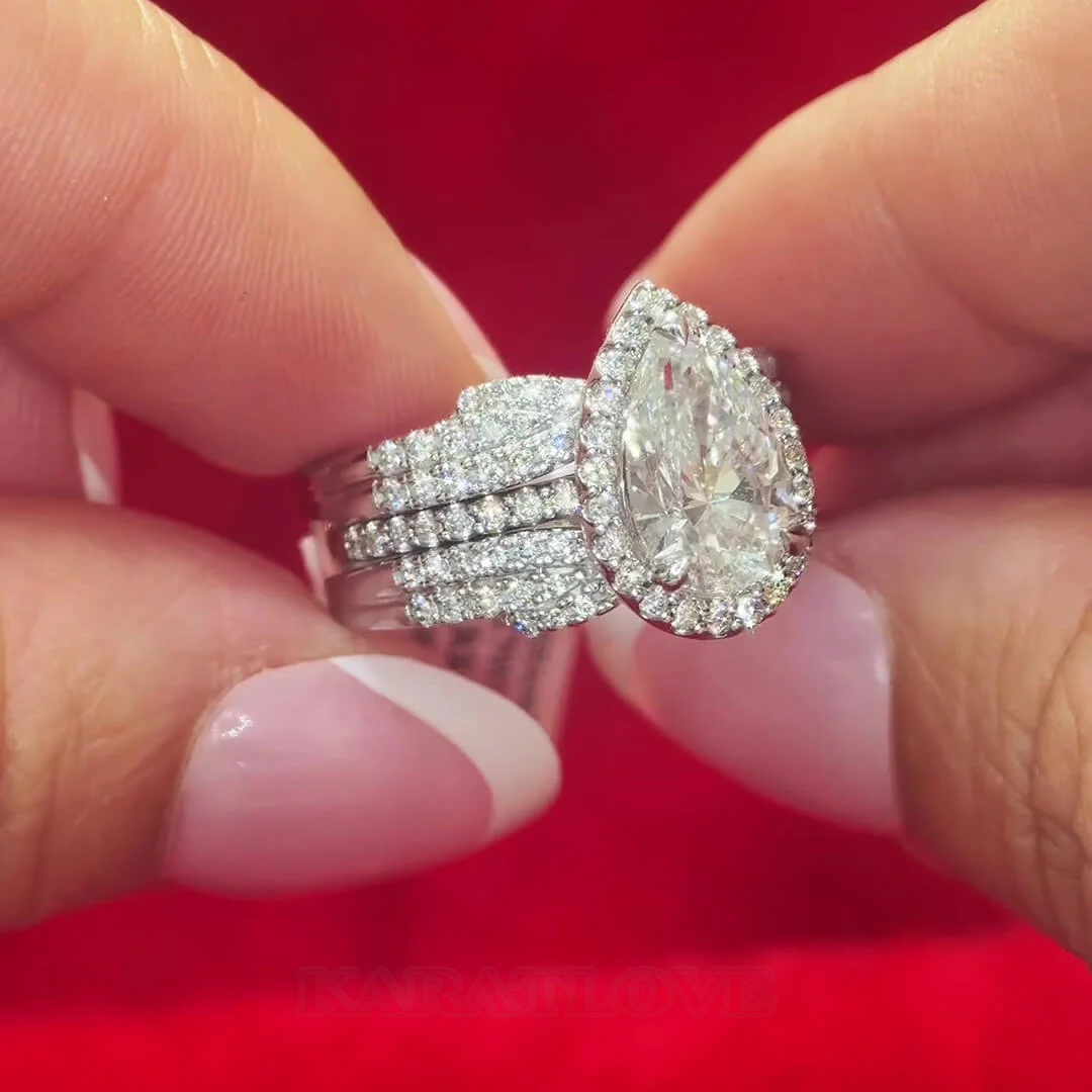 Ensembles de bagues de fiançailles en argent sterling blanc avec diamant taille poire et halo