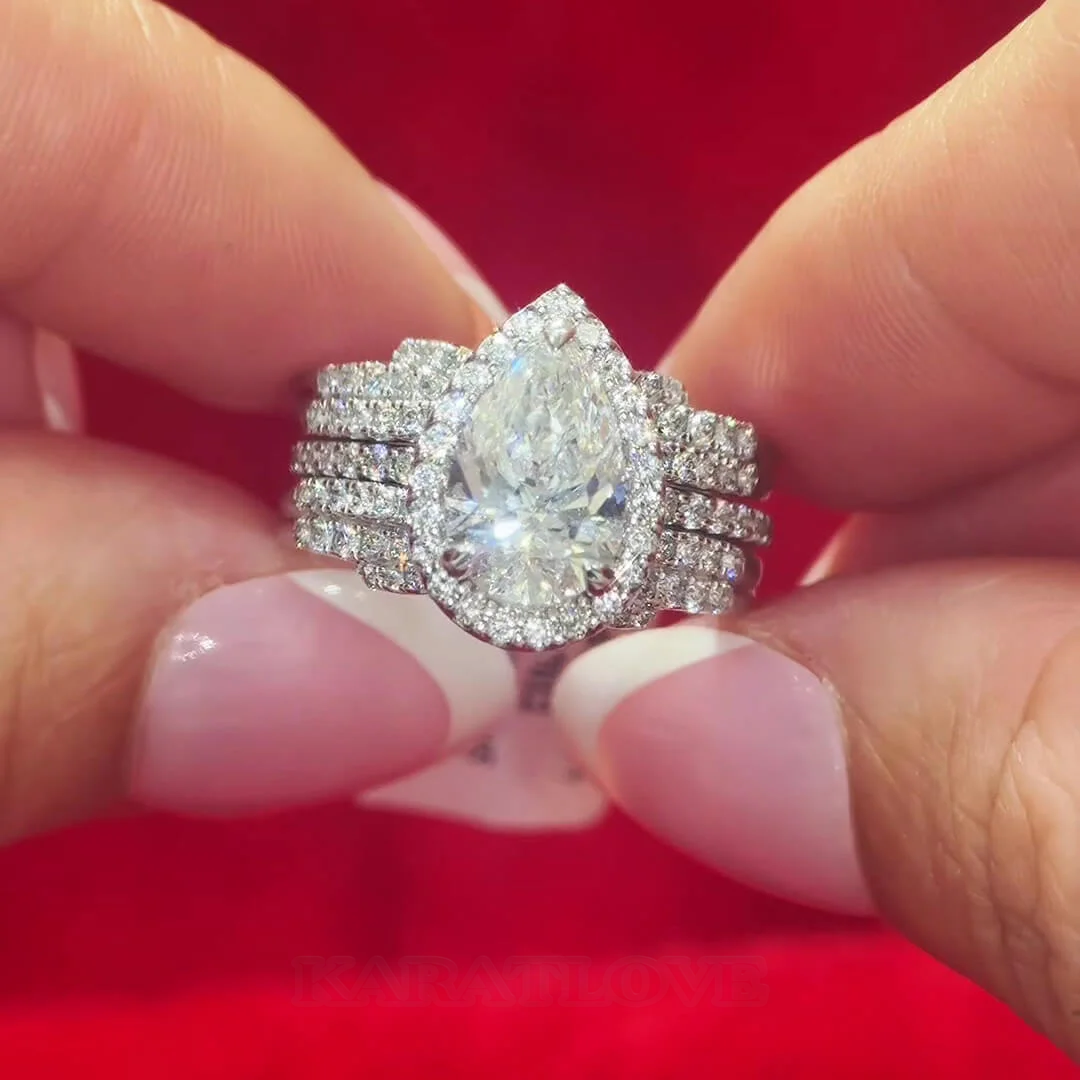 Ensembles de bagues de fiançailles en argent sterling blanc avec diamant taille poire et halo