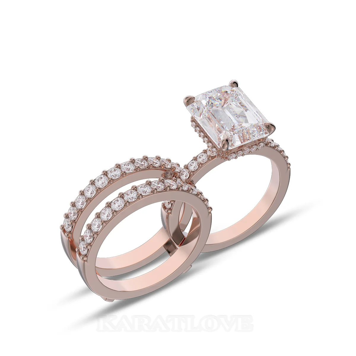 Ensemble de bague de mariage en argent sterling en or rose serti d'un halo avec diamant taille émeraude