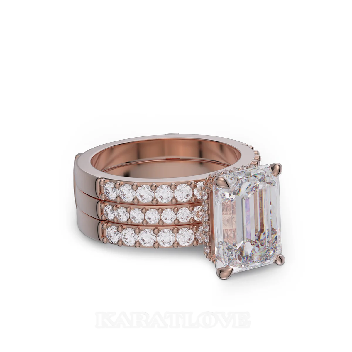 Ensemble de bague de mariage en argent sterling en or rose serti d'un halo avec diamant taille émeraude