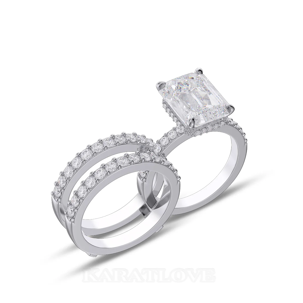 Ensemble de bague de mariage en argent sterling serti d'un halo avec diamant taille émeraude