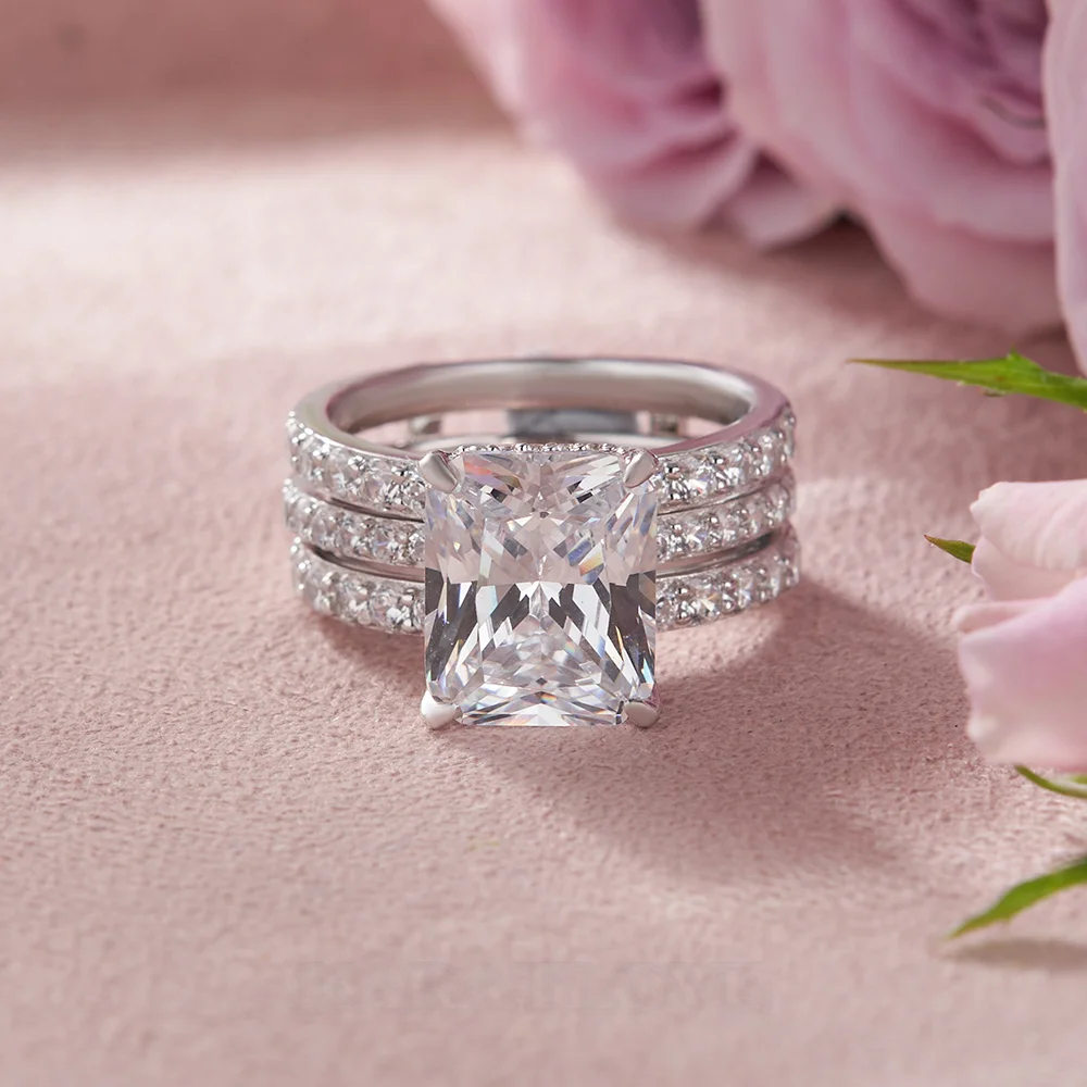 Ensemble de bague de mariage en argent sterling serti d'un halo avec diamant taille émeraude